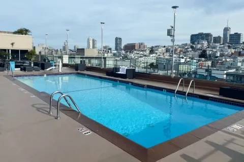 close up of our ADA accessible roof top pool showing skyline view